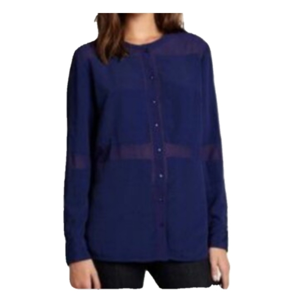 W118 by Walter Baker Navy Sheer Button-Front Blouse